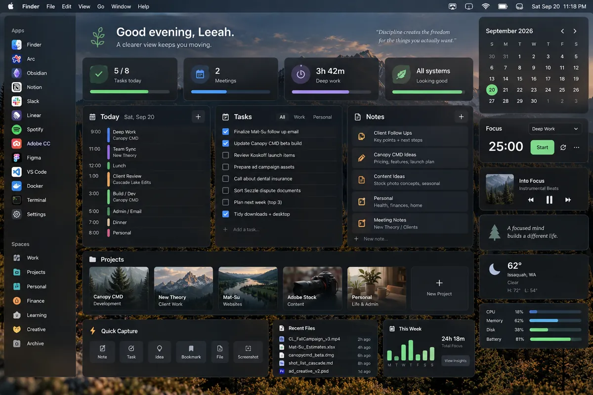 Canopy over a dashboard window. Each card is a real snapshot of the window, with the app and the page it's on.