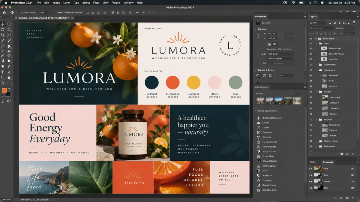 Canopy over a Photoshop brandboard. The highlighted card is the window that comes forward when you let go.