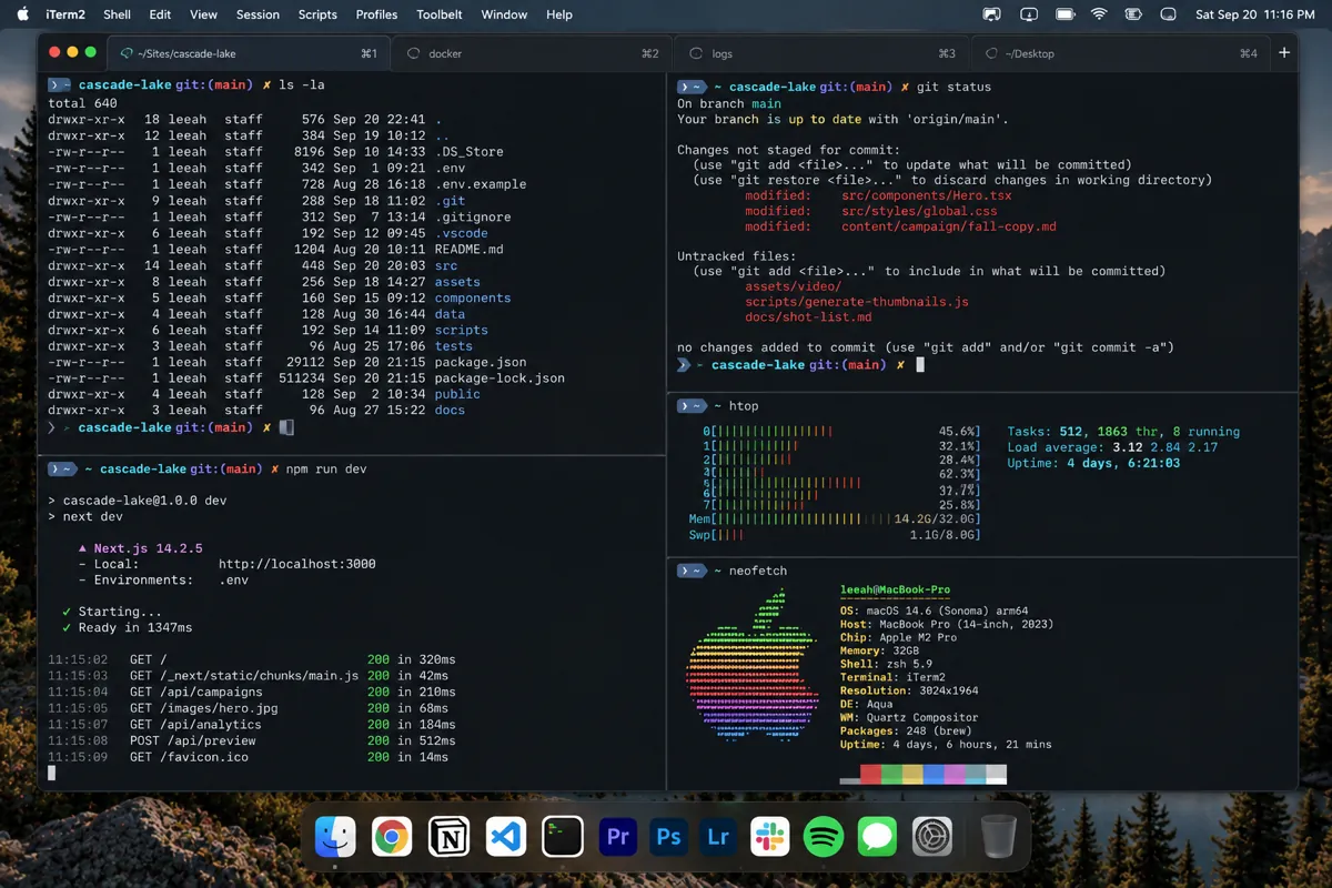 Canopy over a terminal session. Minimized windows stay in the grid, marked, so they're one key away.
